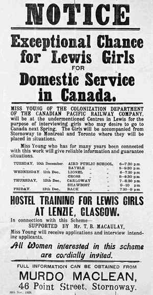 Newspaper Article: Exceptional chance for Lewis Girls for Domestic Service in Canada